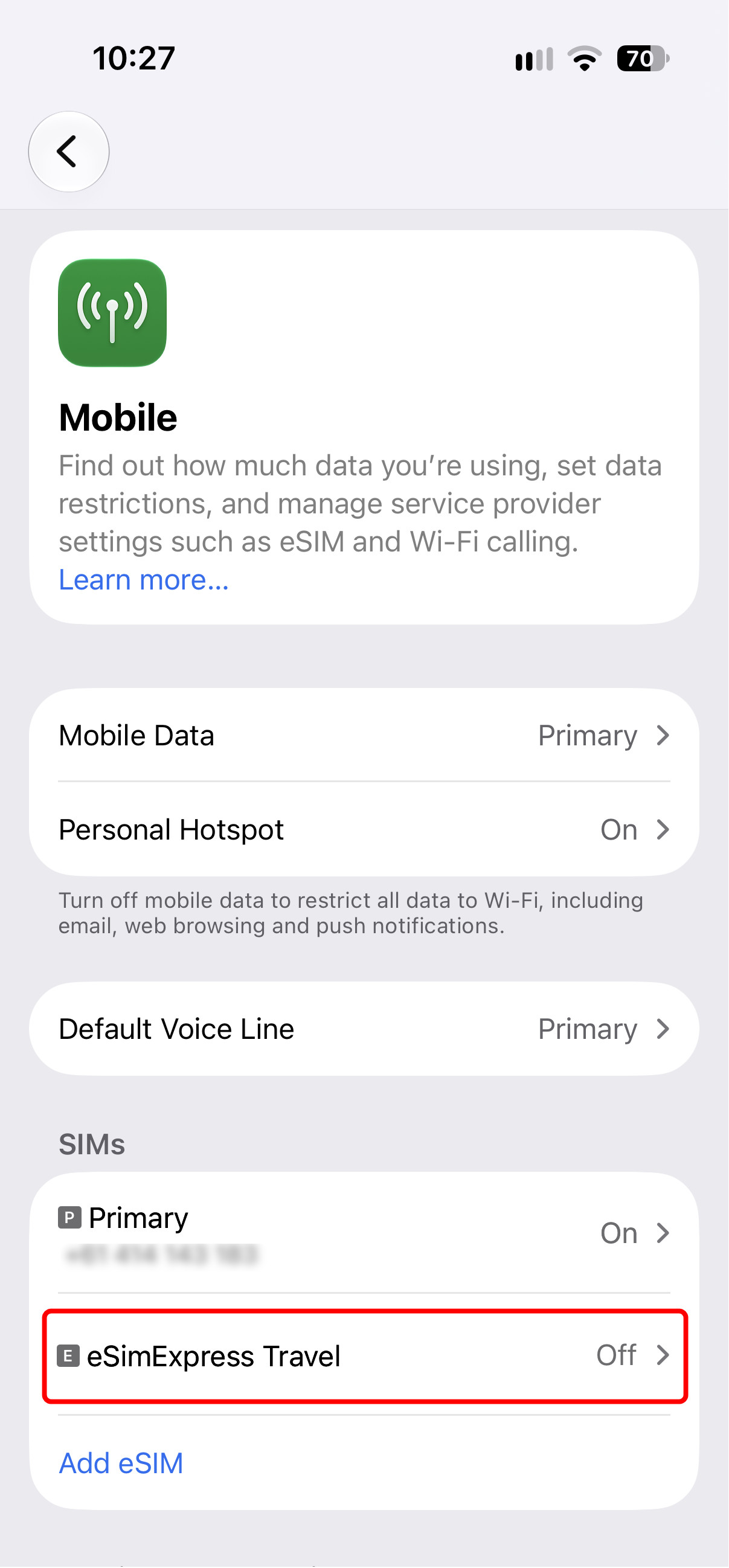 iPhone Mobile Service screen showing eSimExpress Travel listed under SIMs