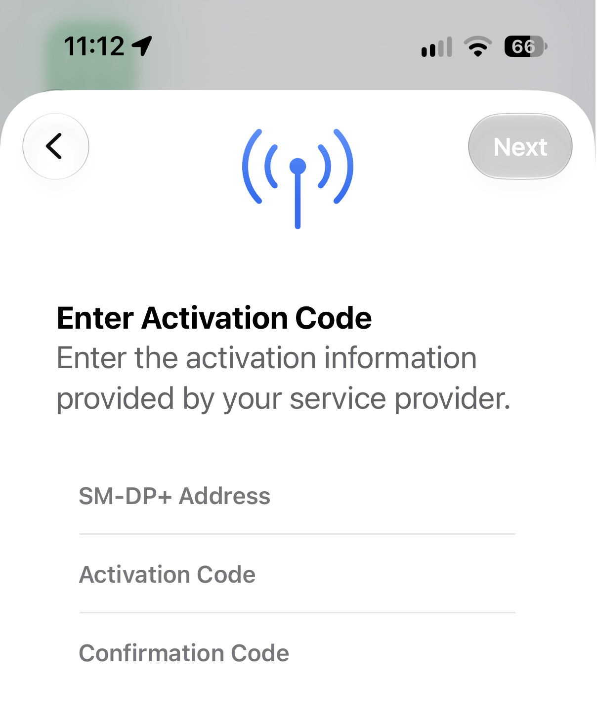 iPhone Enter Activation Code form with SM-DP+ Address, Activation Code and Confirmation Code fields