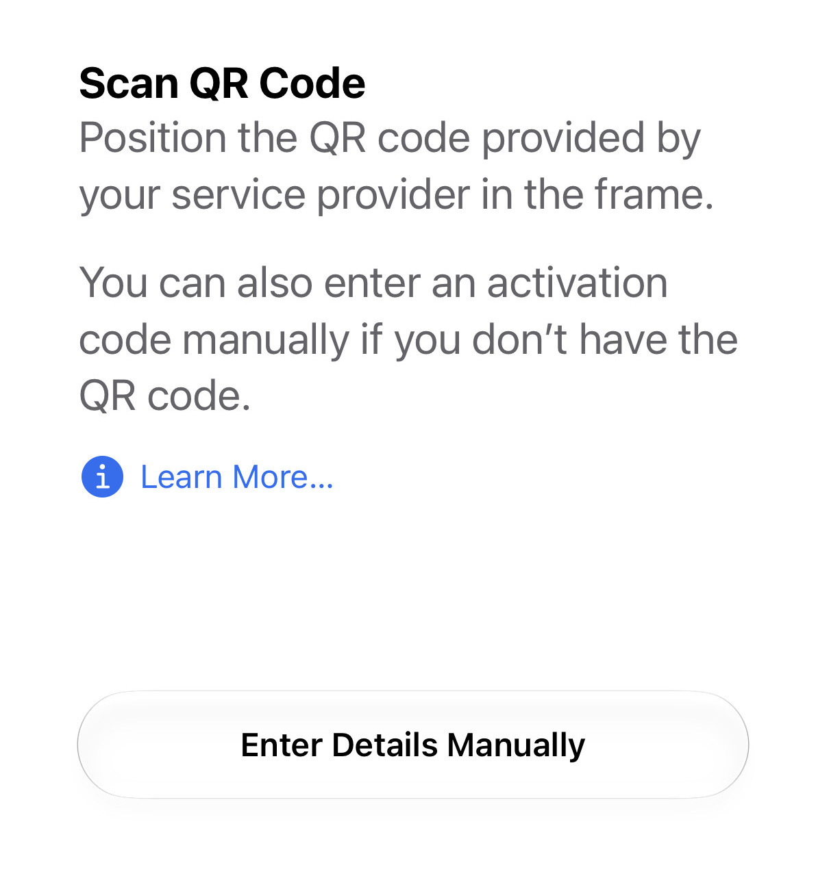 iPhone Scan QR Code screen with Enter Details Manually button