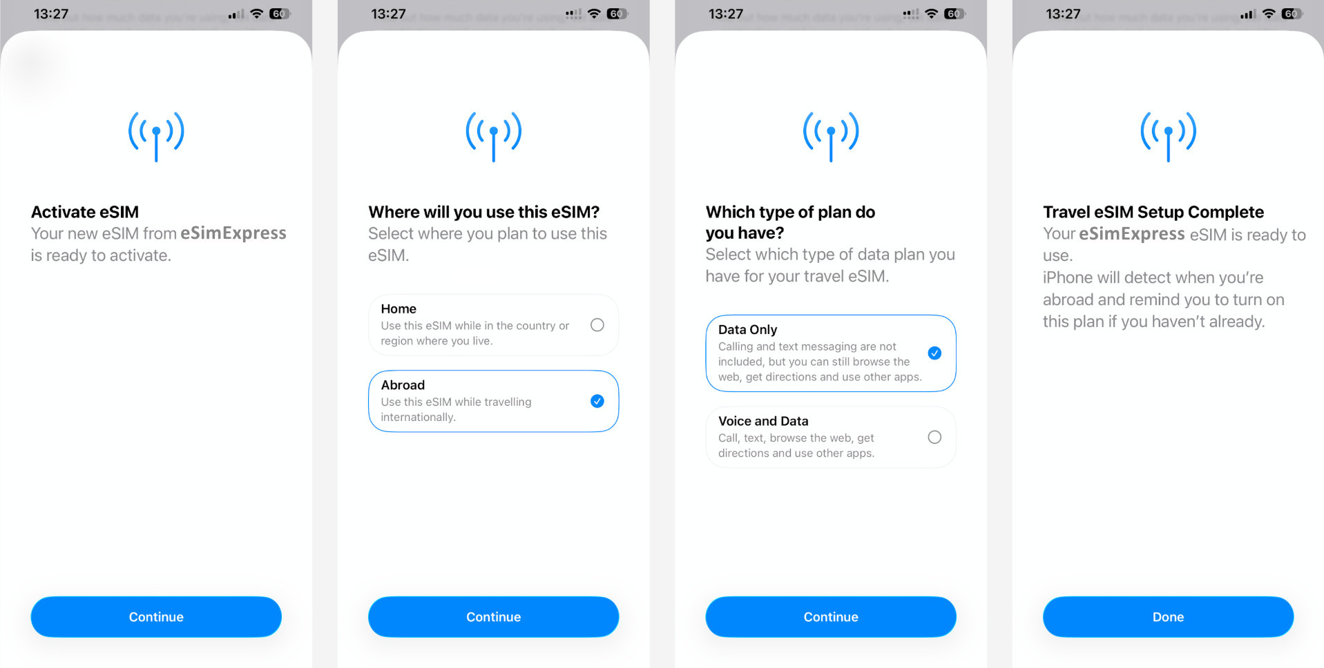 iPhone eSIM activation screens: Activate eSIM, choose Abroad, Data Only, setup complete
