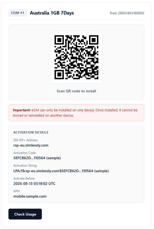 Sample eSIM QR email showing QR code, one-device warning and activation details